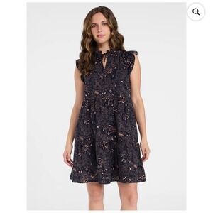 Time and Tru Flutter Sleeve Cotton Mini Dress Paisley Dark Navy Women's Medium
